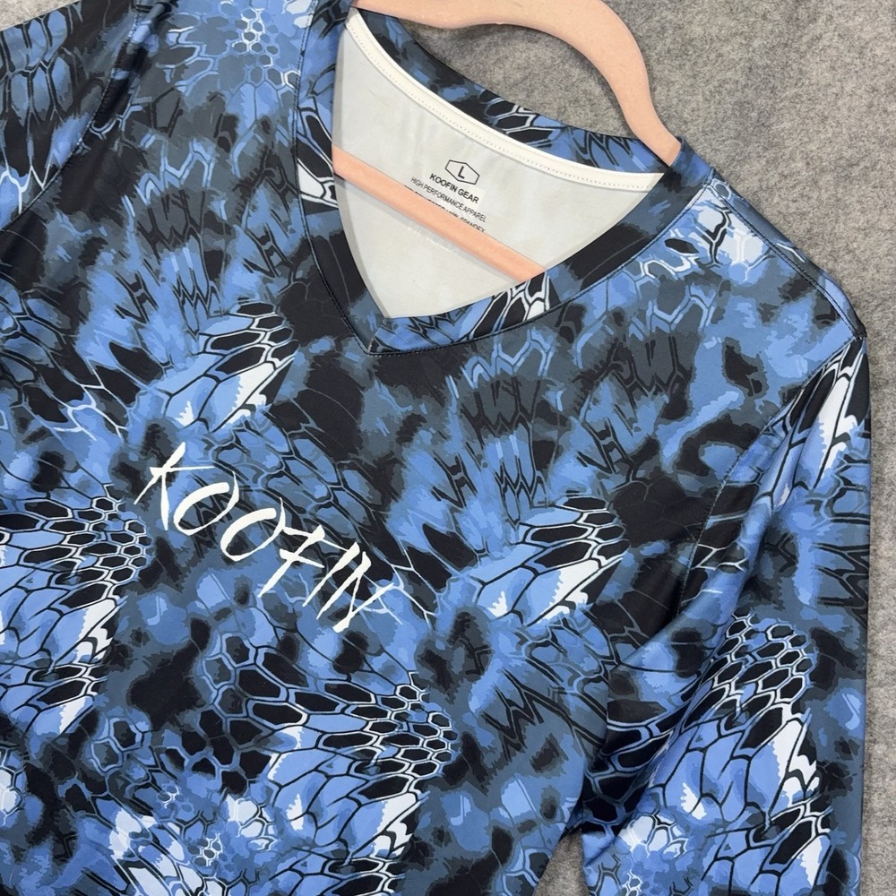 Koofin Gear Fishing Shirt Mens Sz L Blue Fish Scales Performance UPF Protection